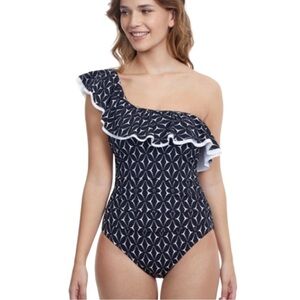 Profile by Gottex Ruffle One Shoulder 12 Navy Blue‎ White One Piece Swimsuit
